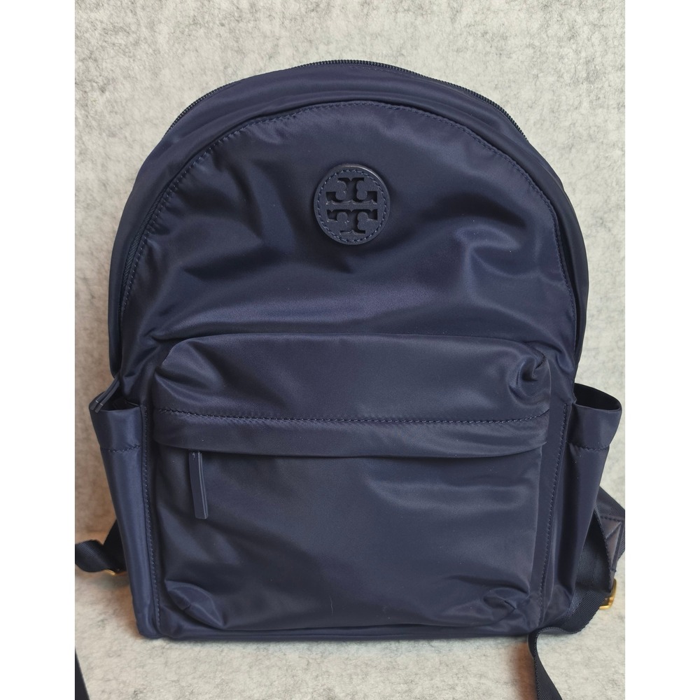 Tory Burch Virginia Zip Backpack Navy Blue Nylon Logo Bookbag Bag